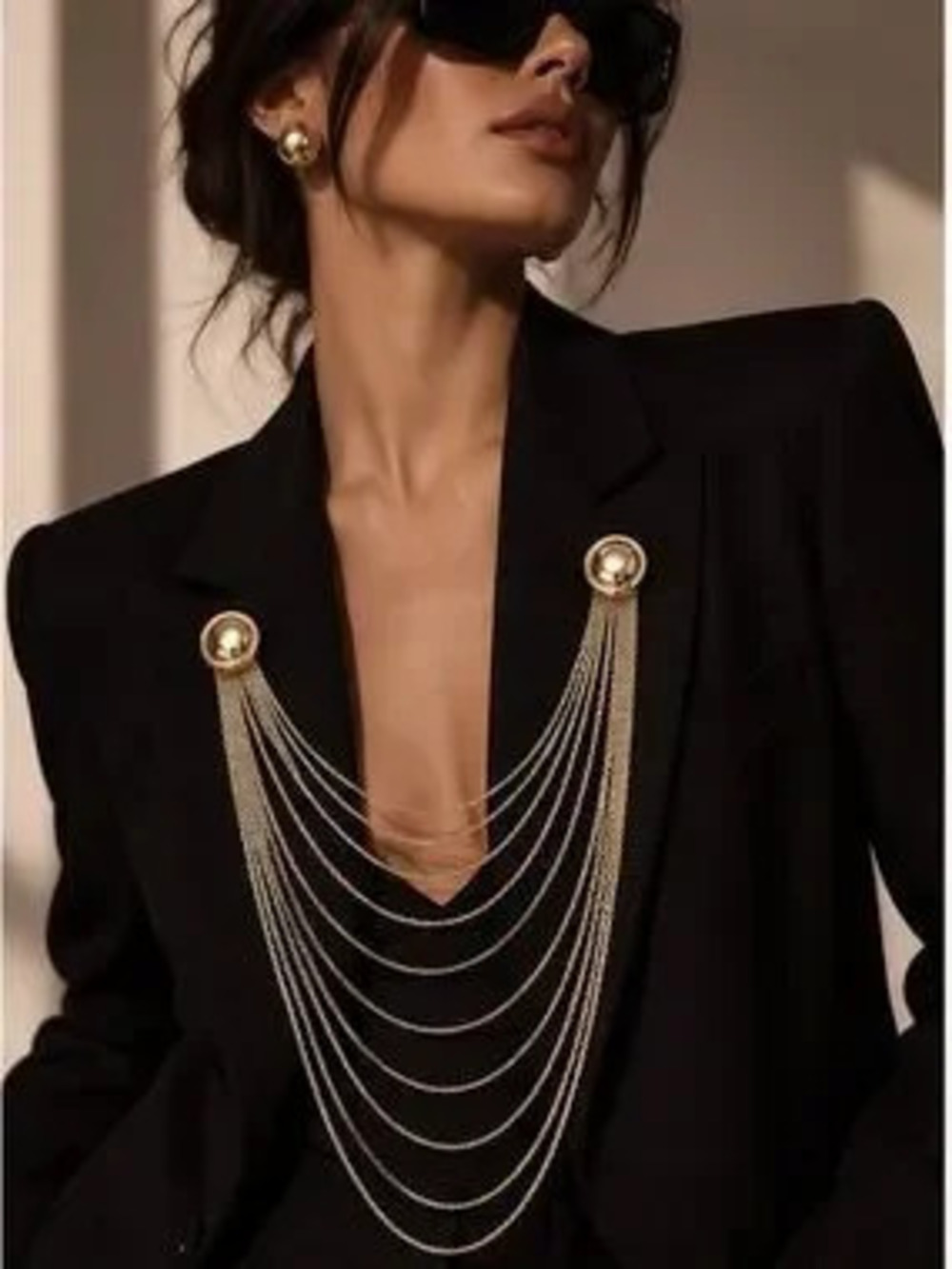 Luxury Gold Layered Chain Blazer Brooch Elegant Couture Shoulder Jewelry